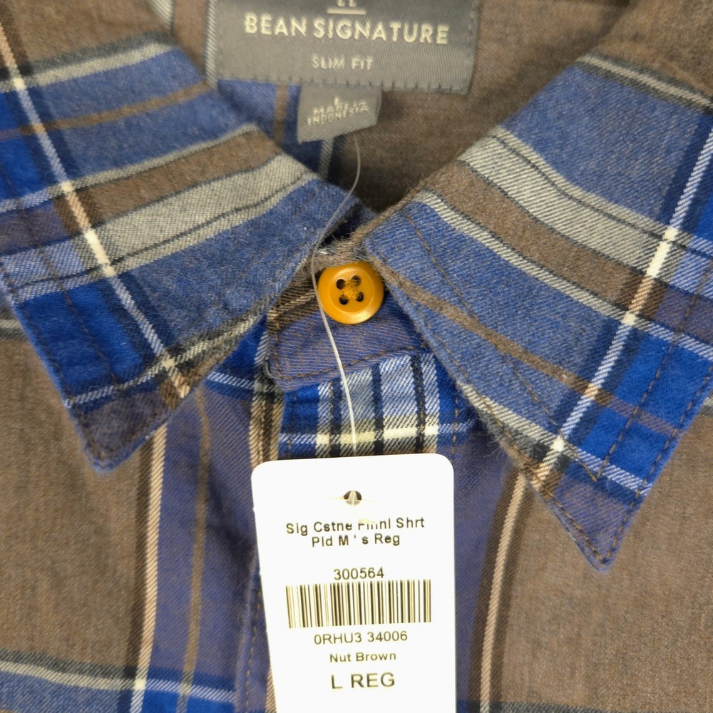 LL Bean Signature Castine Slim Fit Plaid Flannel Shirt Men's L Nut Brown Blue - Picture 3 of 7